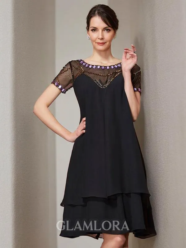 A-line Noble Scoop Short Sleeves Knee-Length Chiffon Mother of the Bride Dress With Beading