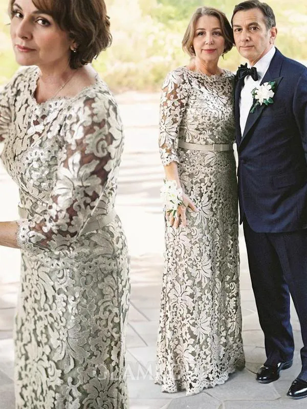 Sheath/Column Scoop 3/4 Sleeves Floor-Length Tasteful Lace Mother of the Bride Dress