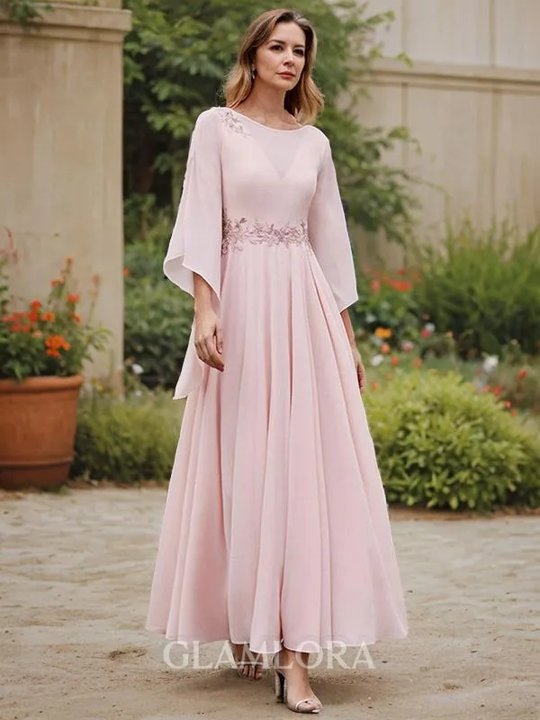 A-line Scoop Long Sleeves Ankle-Length Chiffon Gorgeous Mother of the Bride Dress