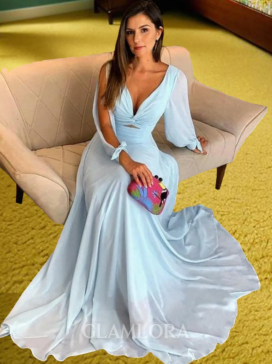 Sheath/Column Elegant V-Neck Long Sleeves Sweep Train Chiffon Mother of the Bride Dress