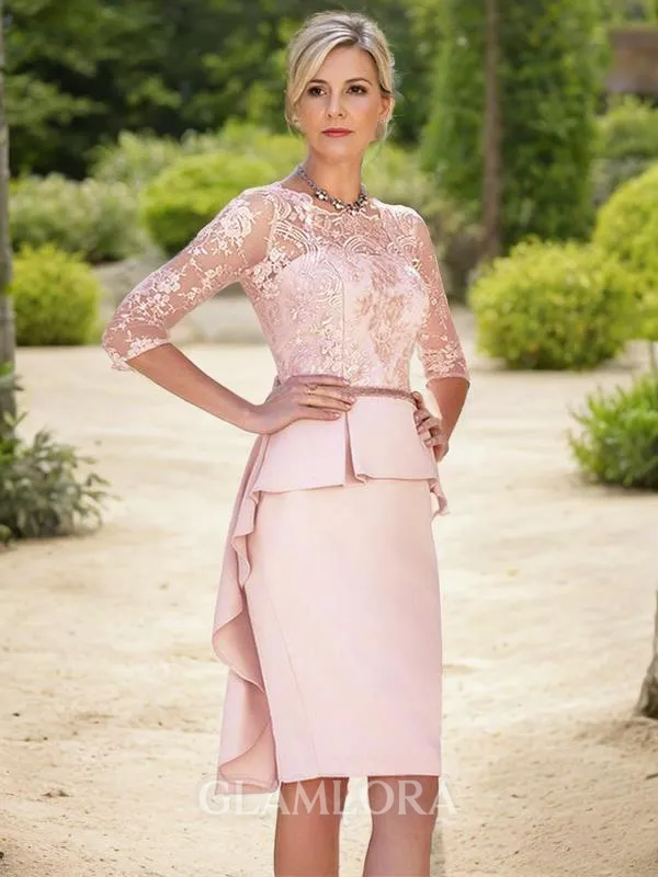 Sheath/Column Scoop Sophisticated 3/4 Sleeves Knee-Length Stretch Crepe Mother of the Bride Dress