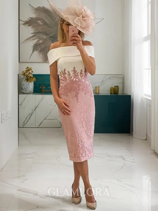 Refined Sheath/Column Off-the-Shoulder Sleeveless Tea-Length Lace Mother of the Bride Dress