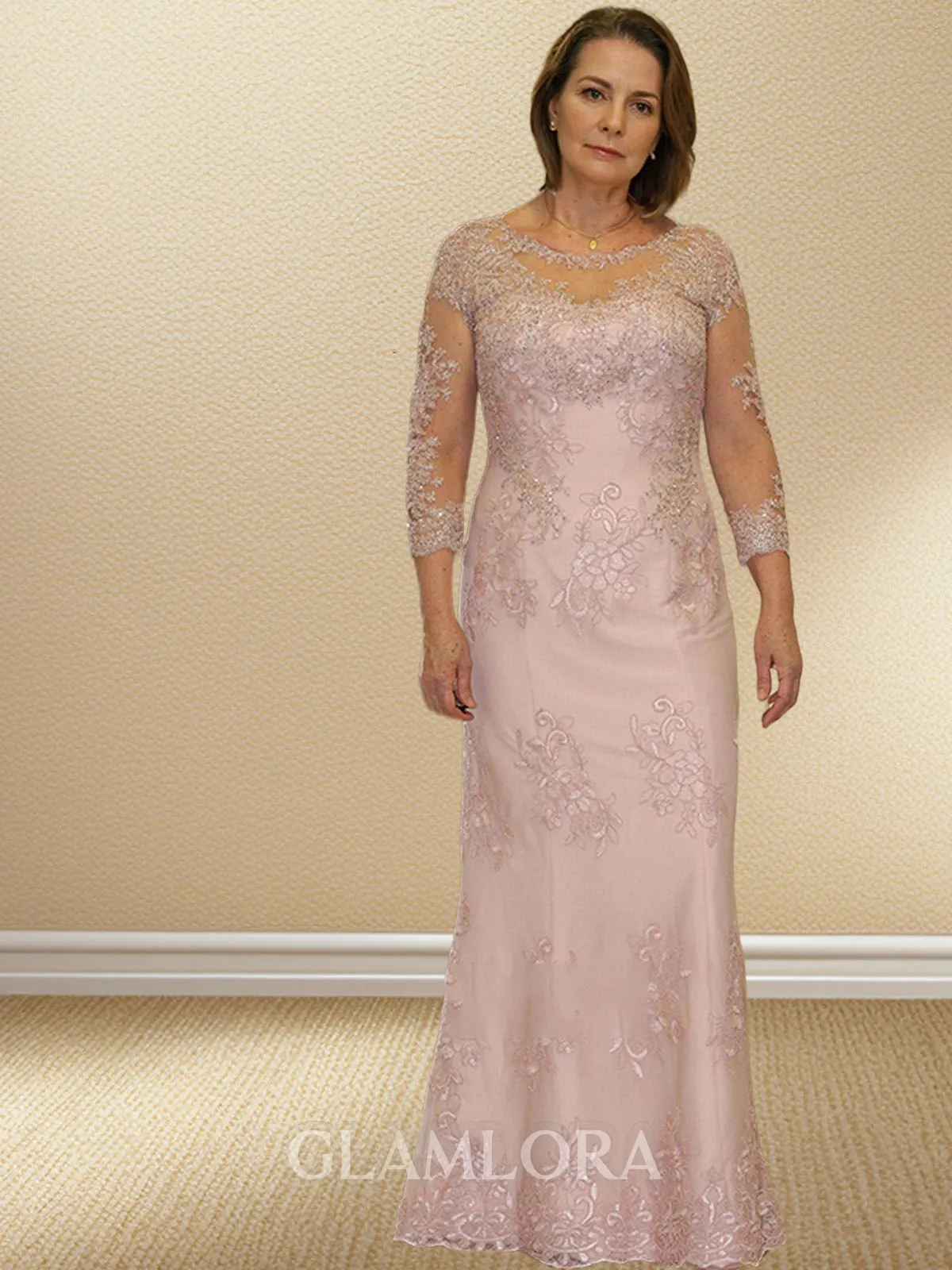 Sheath/Column Scoop Flattering Long Sleeves Floor-Length Lace Mother of the Bride Dress