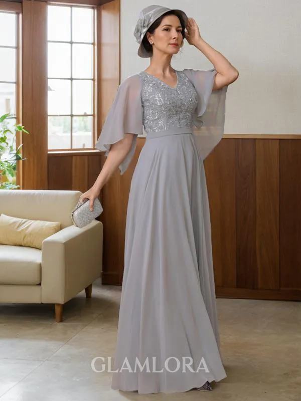 A-line V-Neck 1/2 Sleeves Floor-Length Chiffon Tasteful Mother of the Bride Dress
