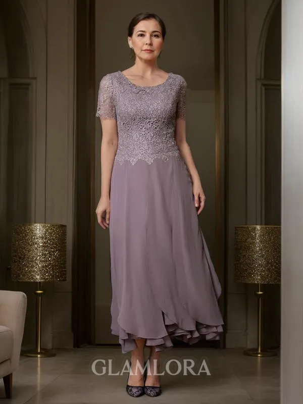 Radiant A-line Scoop Short Sleeves Ankle-Length Chiffon Mother of the Bride Dress