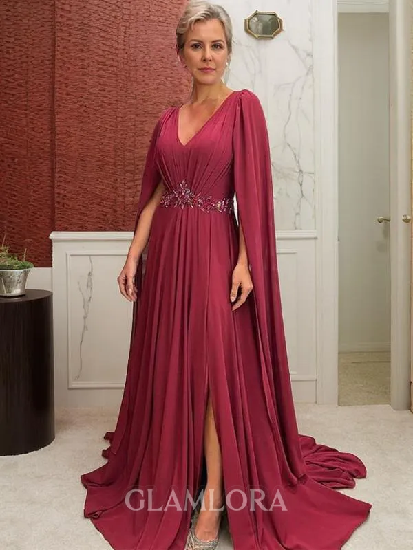 A-line Resplendent V-Neck Long Sleeves Sweep Train Chiffon Mother of the Bride Dress