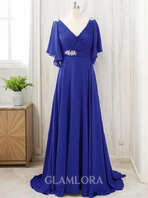 A-line V-Neck Short Sleeves Sweep Train Chiffon Modest Mother of the Bride Dress
