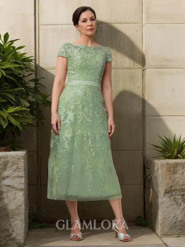 A-line Charming Scoop Short Sleeves Tea-Length Tulle Mother of the Bride Dress
