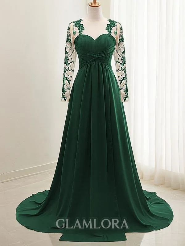 A-line Sweetheart Noble Long Sleeves Sweep Train Chiffon Mother of the Bride Dress