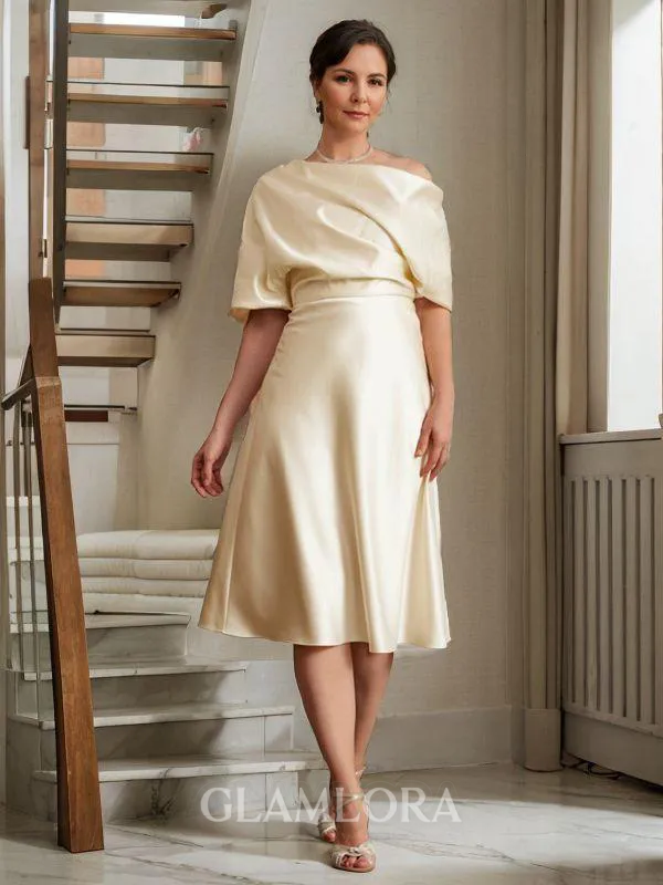 A-line Off-the-Shoulder 1/2 Sleeves Statuesque Tea-Length Charmeuse Mother of the Bride Dress