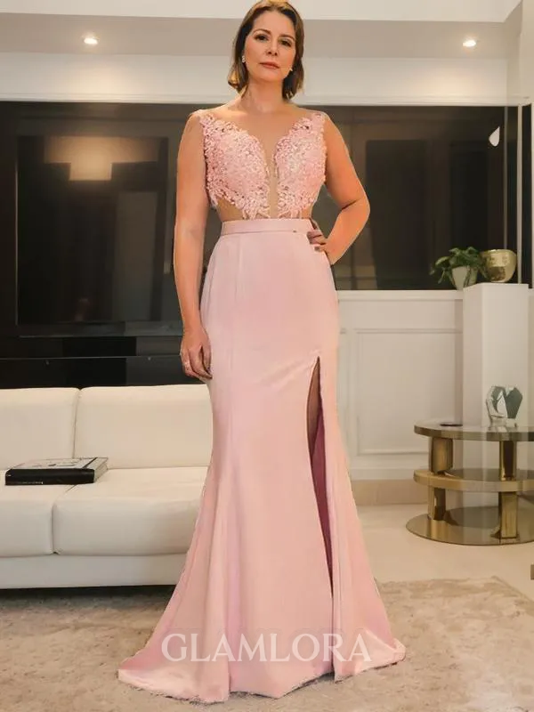 Sheath/Column Scoop Sleeveless Sweep Train Rhythmic Silk like Satin Mother of the Bride Dress