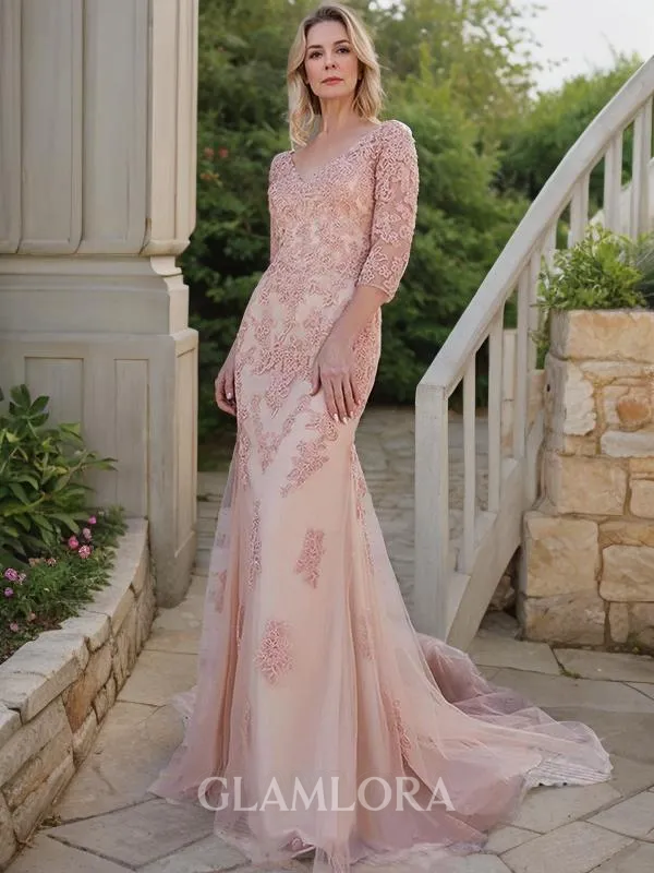 Trumpet/Mermaid V-Neck 3/4 Sleeves Sweep Train Endearing Tulle Mother of the Bride Dress