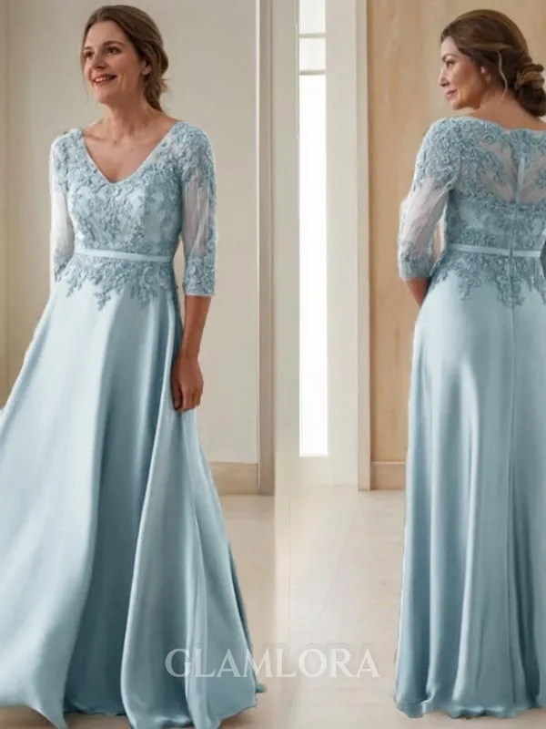 A-line V-Neck 3/4 Sleeves Sophisticated Floor-Length Satin Mother of the Bride Dress