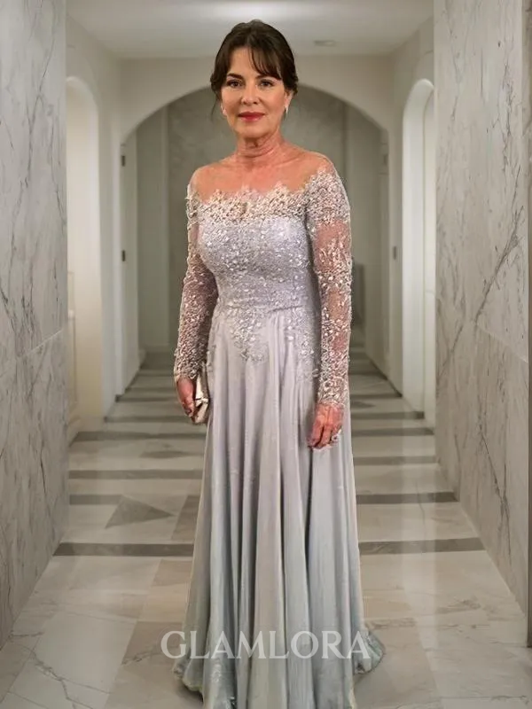 A-line Scoop Long Sleeves Sweep Train Regal Chiffon Mother of the Bride Dress