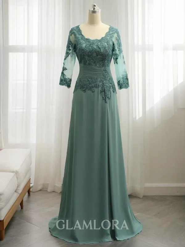 A-line Scoop 3/4 Sleeves Sweep Train Chiffon Stylish Mother of the Bride Dress