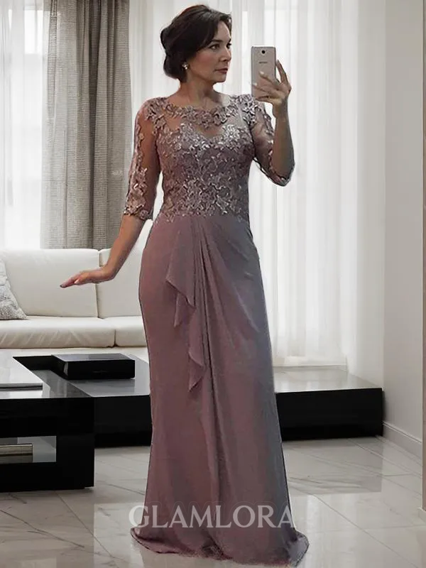 Classy Sheath/Column Scoop 1/2 Sleeves Floor-Length Chiffon Mother of the Bride Dress