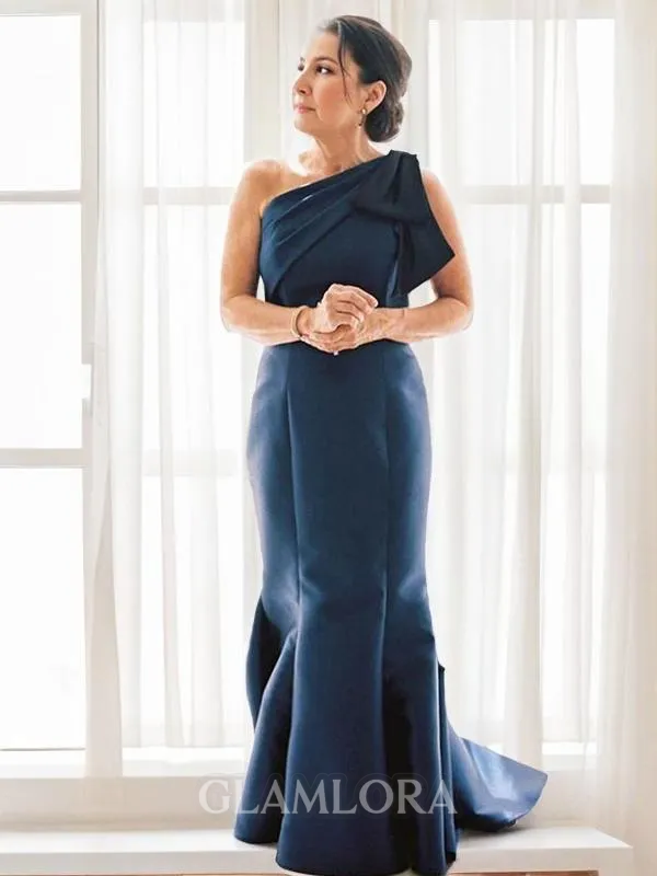 Sheath/Column One-Shoulder Sleeveless Flattering Sweep Train Satin Mother of the Bride Dress