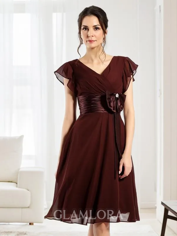 A-line V-Neck Short Sleeves Impeccable Knee-Length Chiffon Mother of the Bride Dress With Bowknot