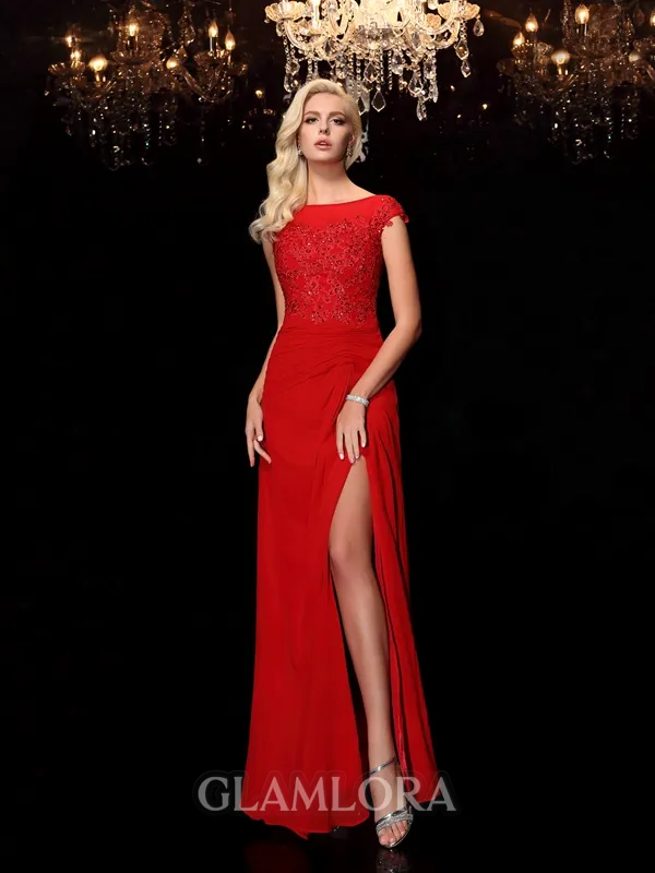 Sheath/Column Bateau Short Sleeves Floor-Length Gracious Chiffon Mother of the Bride Dress With Applique