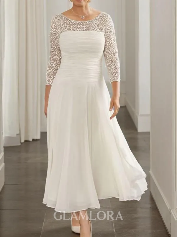 Modest A-line Scoop 3/4 Sleeves Tea-Length Chiffon Mother of the Bride Dress