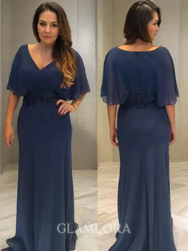 Sheath/Column Immaculate V-Neck Short Sleeves Sweep Train Chiffon Mother of the Bride Dress