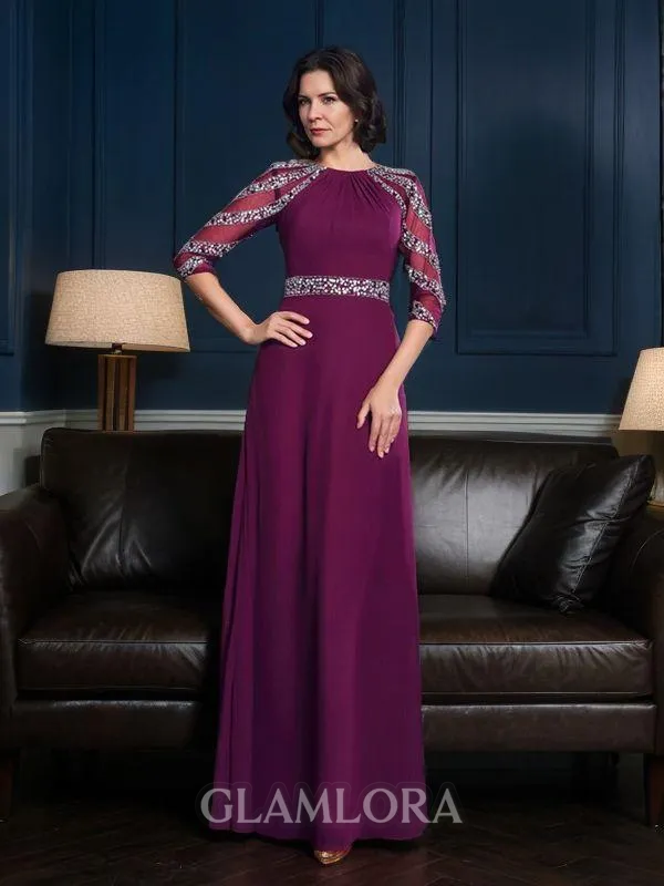 Tasteful A-line Scoop 3/4 Sleeves Floor-Length Chiffon Mother of the Bride Dress With Beading