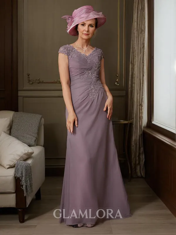 Sheath/Column V-Neck Short Sleeves Elegant Floor-Length Chiffon Mother of the Bride Dress