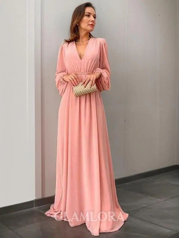 A-line V-Neck Long Sleeves Sweep Train Sophisticated Chiffon Mother of the Bride Dress