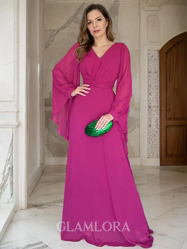 Understated A-line V-Neck Long Sleeves Floor-Length Chiffon Mother of the Bride Dress