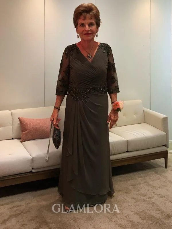 Sheath/Column Tasteful V-Neck 1/2 Sleeves Floor-Length Chiffon Mother of the Bride Dress With Applique