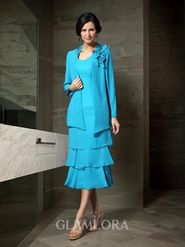 A-line Scoop Radiant Sleeveless Tea-Length Chiffon Mother of the Bride Dress