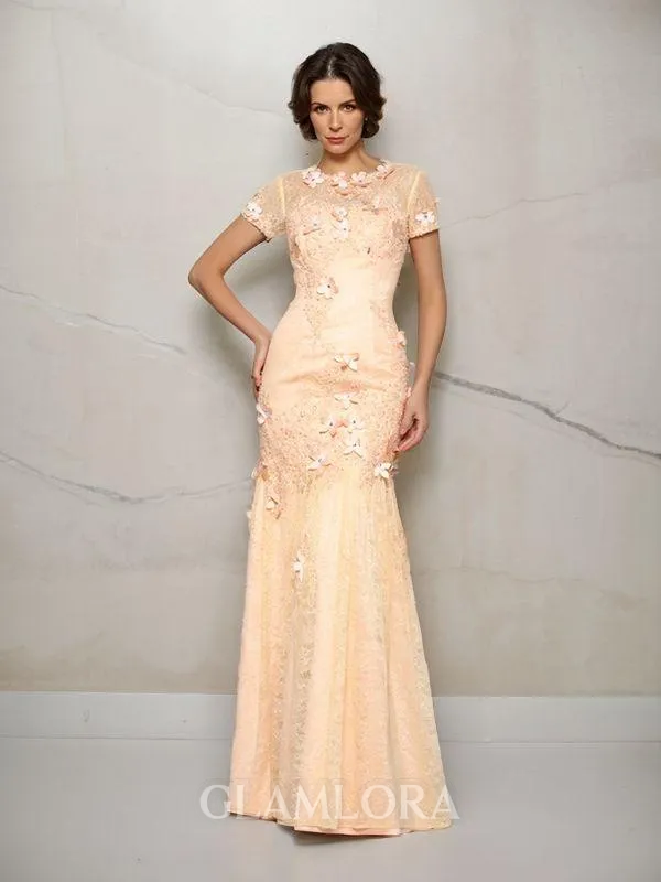 Trumpet/Mermaid Scoop Short Sleeves Charming Floor-Length Satin Mother of the Bride Dress With Applique