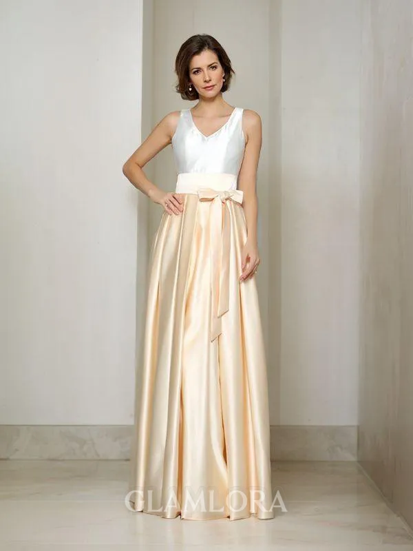 A-line V-Neck Sleeveless Floor-Length Satin Rhythmic Mother of the Bride Dress With Bowknot
