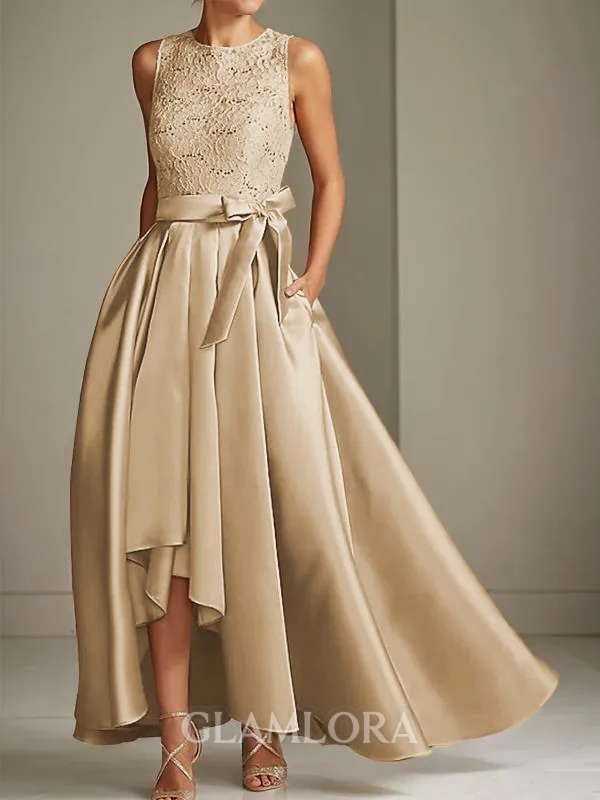 A-line Tasteful Scoop Sleeveless Asymmetrical Satin Mother of the Bride Dress