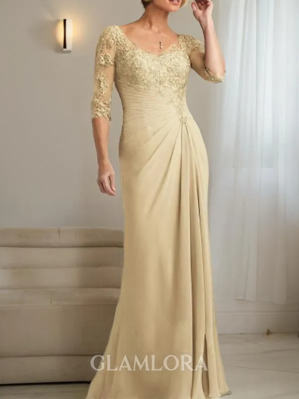 Sheath/Column V-Neck Gorgeous 1/2 Sleeves Floor-Length Chiffon Mother of the Bride Dress