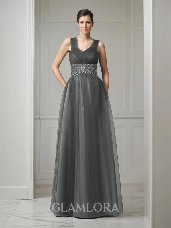 A-line Straps Sleeveless Floor-Length Tulle Graceful Mother of the Bride Dress With Beading