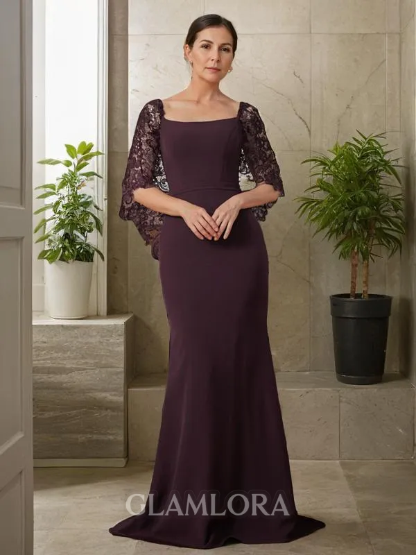 Sheath/Column Square 1/2 Sleeves Refined Sweep Train Stretch Crepe Mother of the Bride Dress