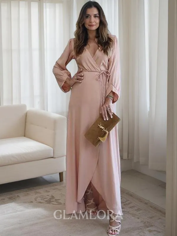 A-line V-Neck Long Sleeves Floor-Length Chic Silk like Satin Mother of the Bride Dress