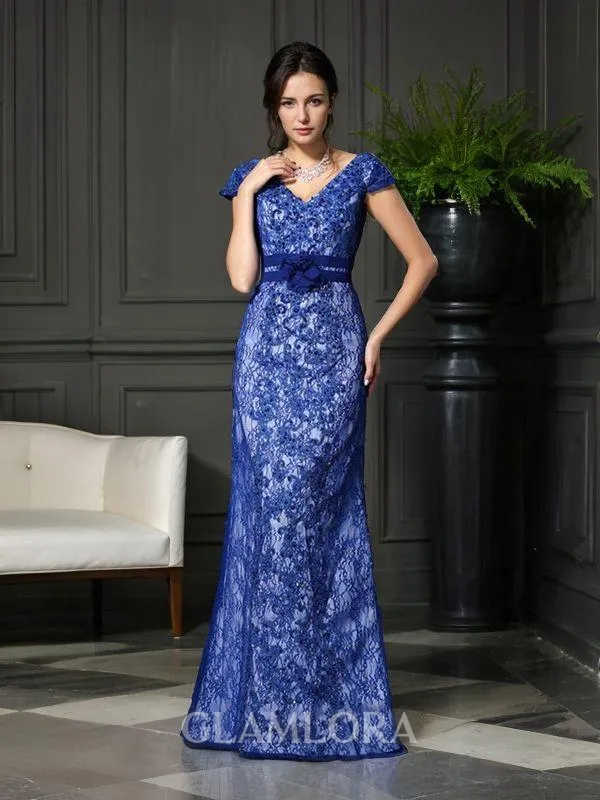Trumpet/Mermaid V-Neck Tasteful Short Sleeves Floor-Length Satin Mother of the Bride Dress With Beading