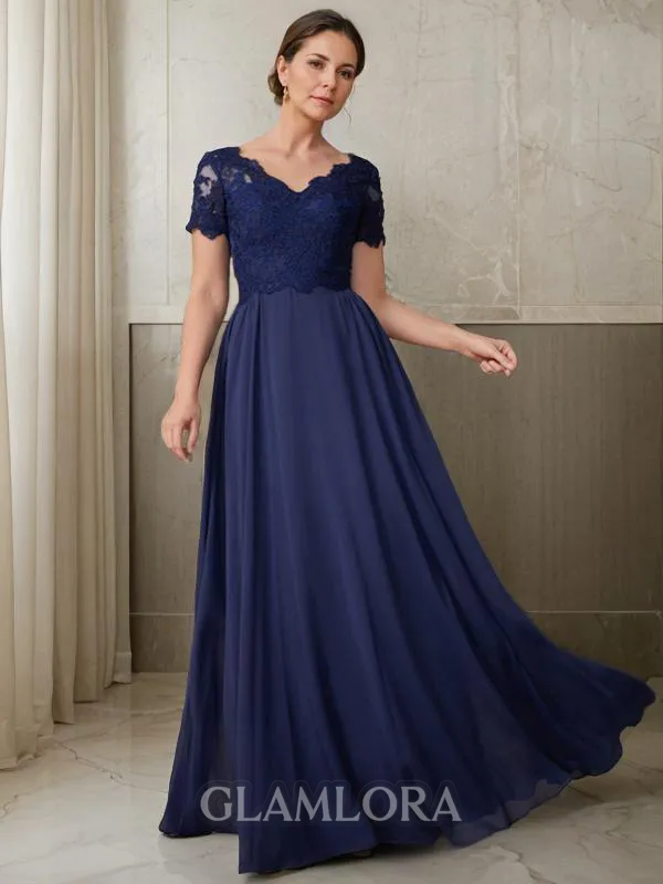 A-line V-Neck Short Sleeves Radiant Floor-Length Chiffon Mother of the Bride Dress