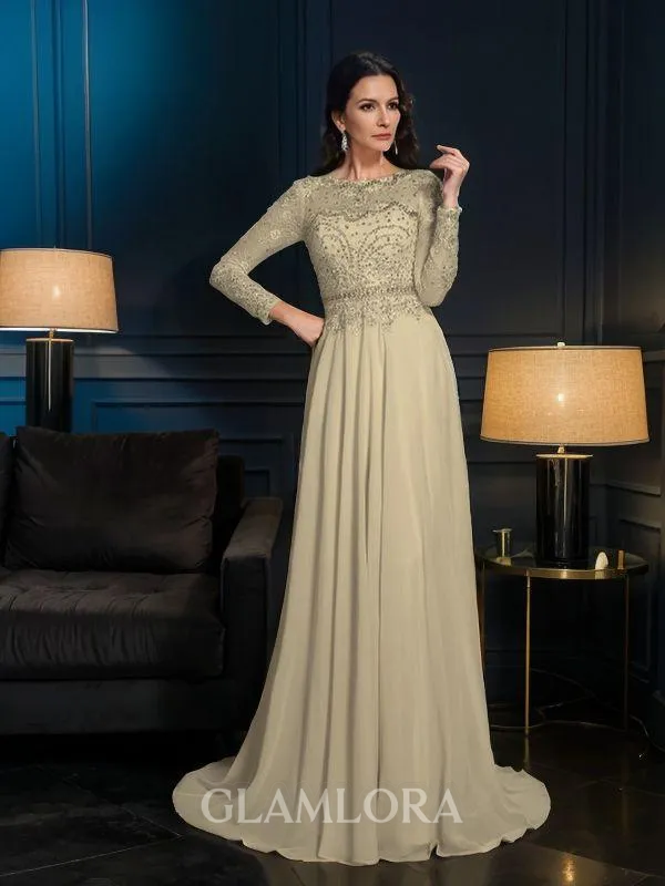 A-line Scoop Long Sleeves Sweep Train Unique Chiffon Mother of the Bride Dress With Beading