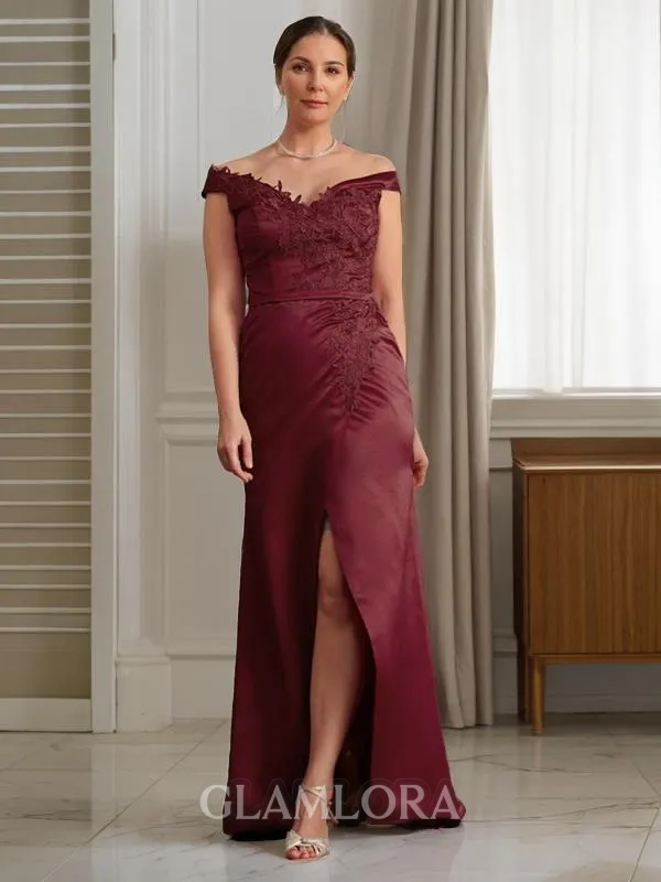 Graceful Sheath/Column Off-the-Shoulder Sleeveless Sweep Train Satin Mother of the Bride Dress