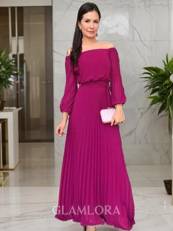 A-line Off-the-Shoulder Long Sleeves Classy Floor-Length Chiffon Mother of the Bride Dress