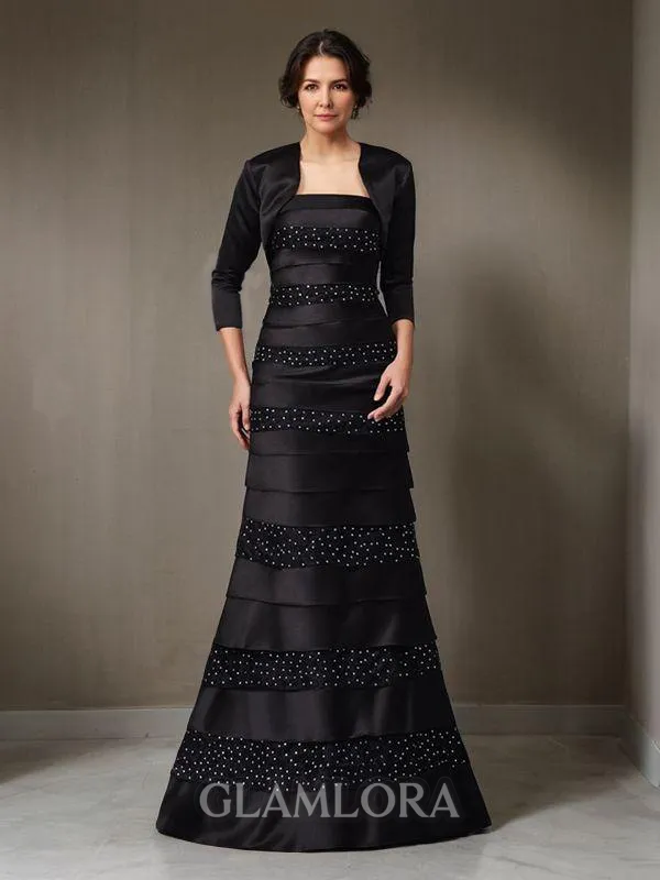 Sheath/Column Strapless Polished Sleeveless Floor-Length Satin Mother of the Bride Dress With Beading