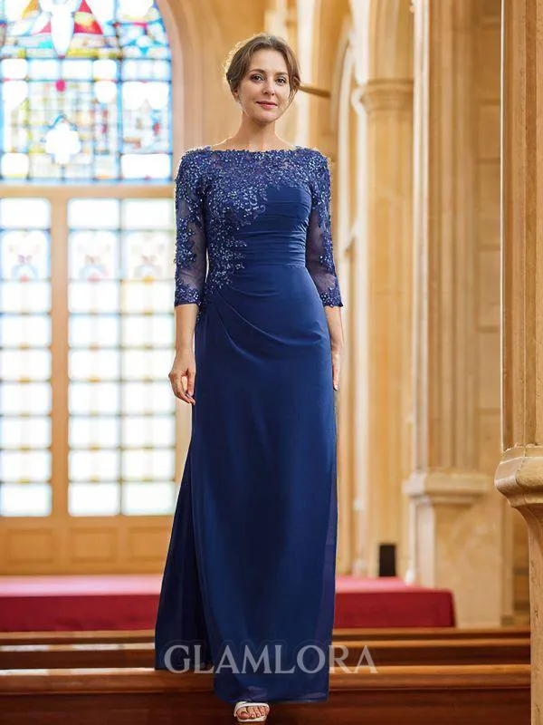 Sheath/Column Bateau Elegant 3/4 Sleeves Floor-Length Chiffon Mother of the Bride Dresses