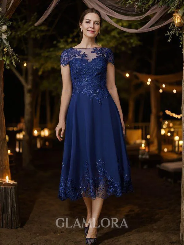 A-line Bateau Regal Short Sleeves Tea-Length Chiffon Mother of the Bride Dresses