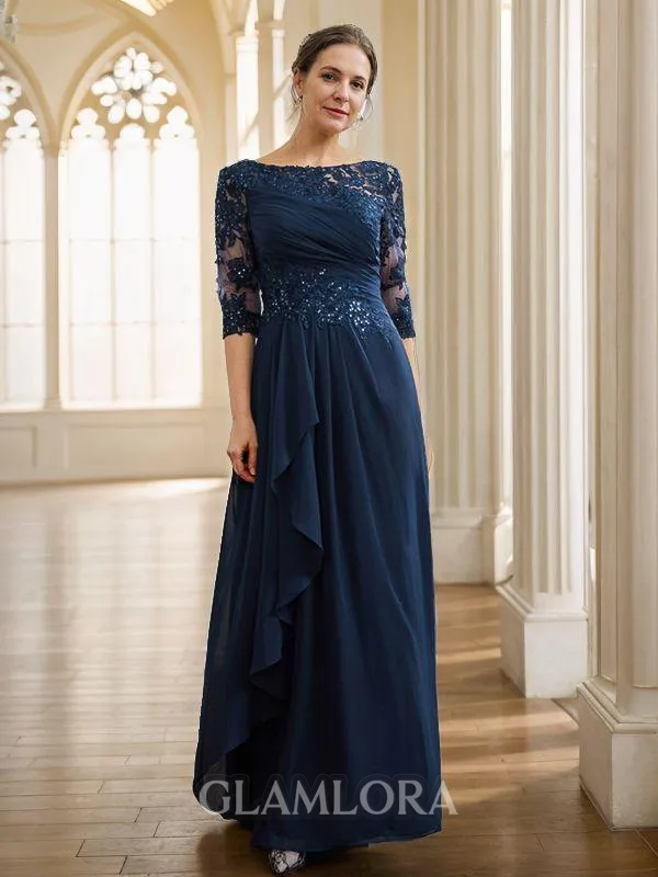 A-line Bateau Stylish 3/4 Sleeves Floor-Length Chiffon Mother of the Bride Dresses