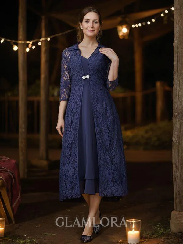 A-line V-Neck Classy Sleeveless Tea-Length Chiffon Mother of the Bride Dresses