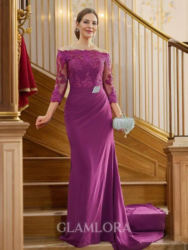 Sheath/Column Off-the-Shoulder Refined 3/4 Sleeves Sweep Train Chiffon Mother of the Bride Dresses