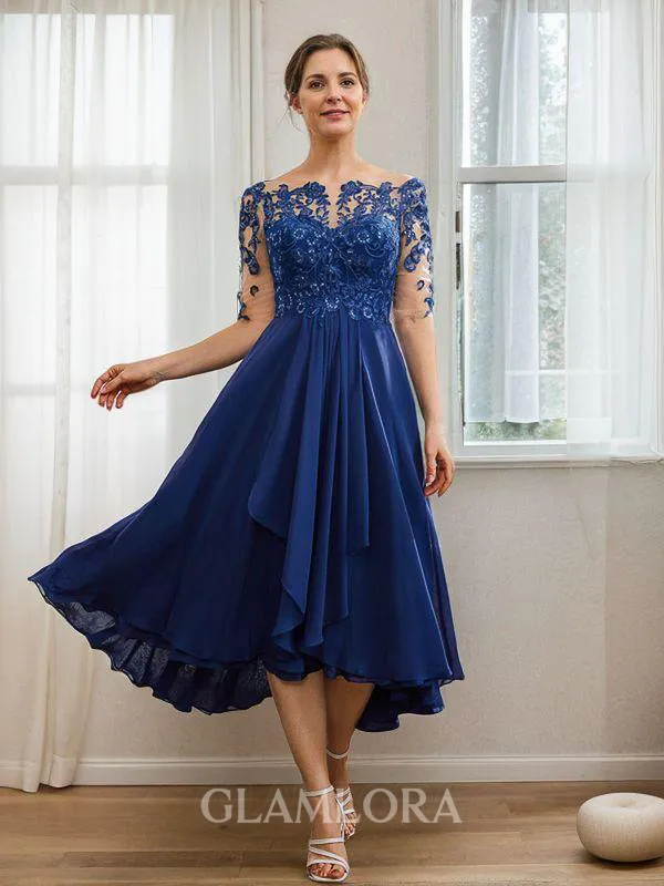 A-line Bateau Chic 1/2 Sleeves Tea-Length Chiffon Mother of the Bride Dresses